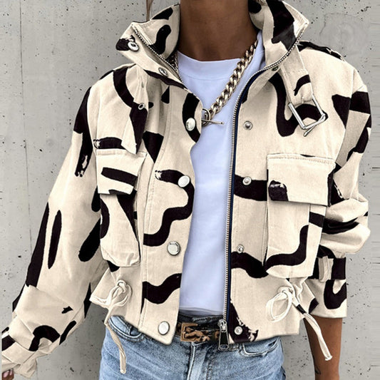 Damen Cropped Jacke – Baumwollmix – Lockerer Schnitt – Bold Print – Zipper & Kordelzug