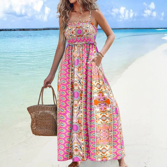 Damen Maxikleid – Baumwollmix – Lockere Passform – Spaghettiträger – Rückenfrei