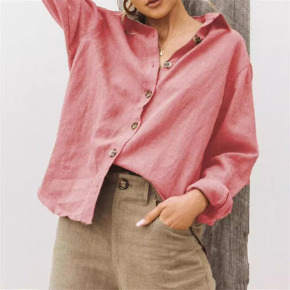 Damen Bluse – Lockerer Schnitt – Leichtes Cotton-Linnen – Langarm – Knopfleiste