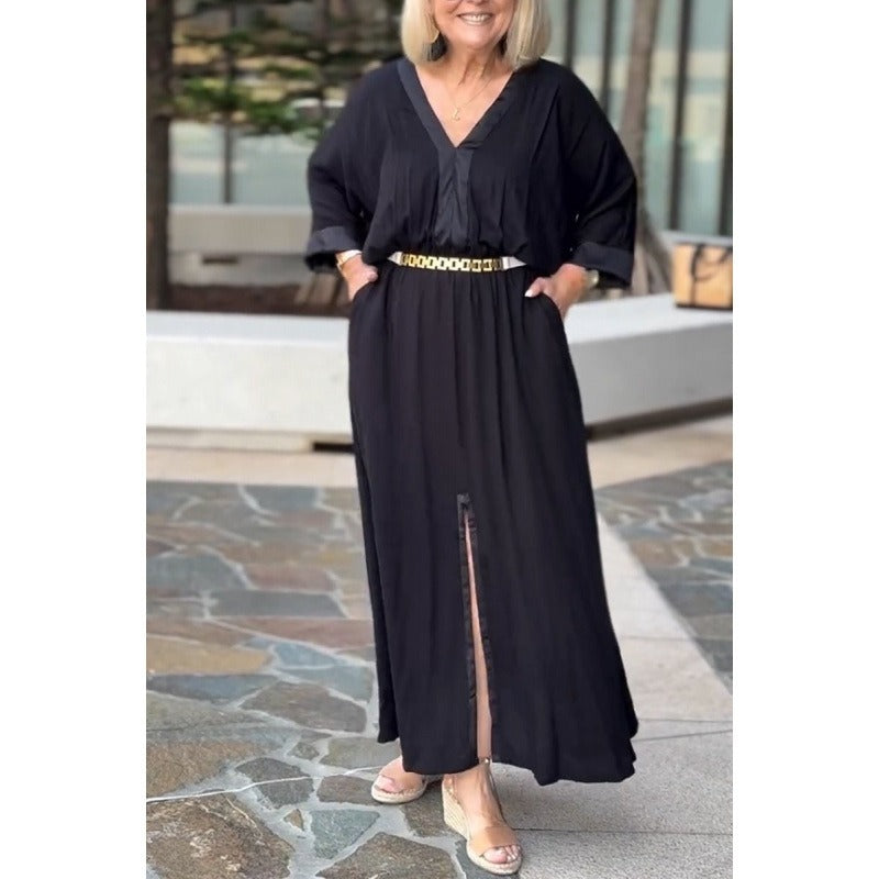 Damen Maxikleid – V-Ausschnitt – Langarm – Gürtel – Schlitz – Lockerer Sitz