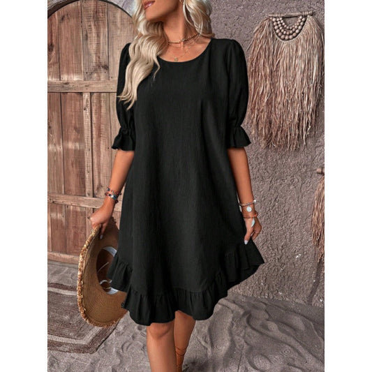 Damen A-Linienkleid – Baumwoll-Leinen – Rüschenbesatz – Mid Sleeve – Lockerer Schnitt