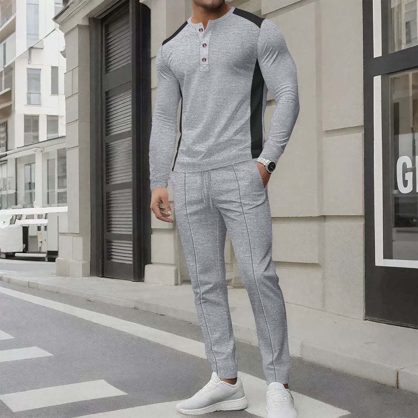 Herren Zweiteiler Set – Slim Fit Henley Shirt und Hose – Waffelstruktur – Knopfleiste