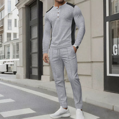 Herren Zweiteiler Set – Slim Fit Henley Shirt und Hose – Waffelstruktur – Knopfleiste