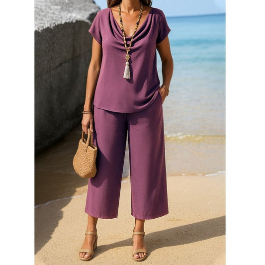 Damen Zweiteiler Set – Lockerer Pullover mit Wasserfallkragen – Weite 9/10 Hose
