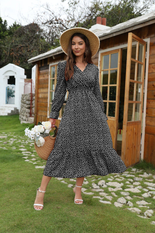 Damen Midikleid – V-Ausschnitt – Langarm – Tailliert – Baumwollstruktur – Polka Dots