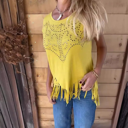 Damen T-Shirt – Lockerer Schnitt – Brust Cut-Out – Fransen Saum – Baumwollgefühl
