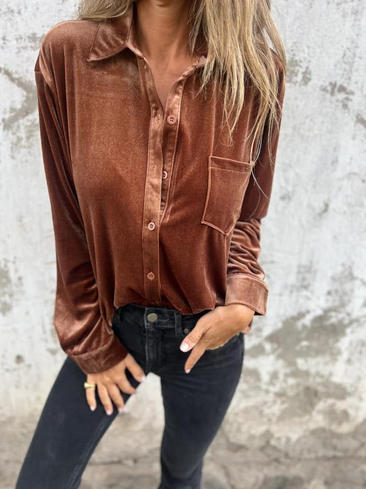 Damen Shirt – Lockerer Schnitt – Velvet – Langarm – Single-Breasted mit Tasche
