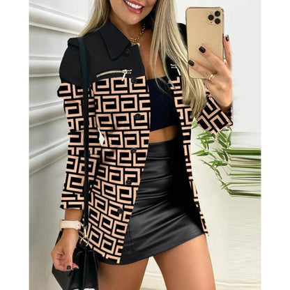 Damen Blazer – Slim Fit – Bedruckter Colorblock – Langarm – Tailliert mit Revers