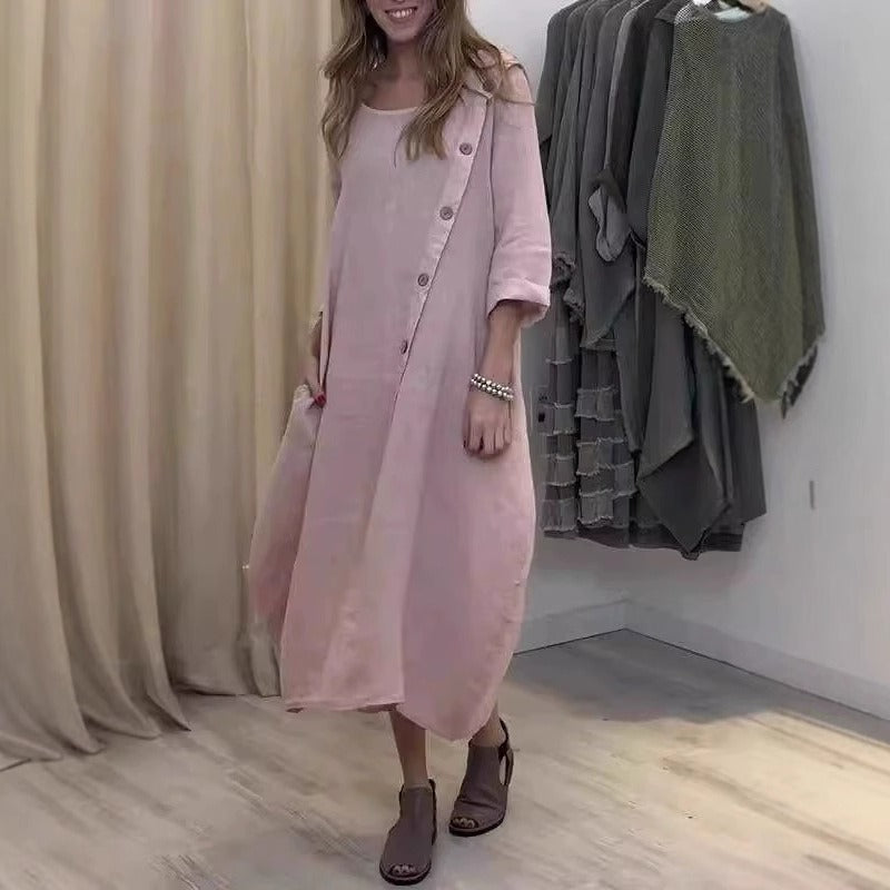 Damen Maxikleid – Lockerer Schnitt – Langarm – Asymmetrischer Saum – Baumwolle Linnen