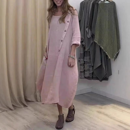 Damen Maxikleid – Lockerer Schnitt – Langarm – Asymmetrischer Saum – Baumwolle Linnen