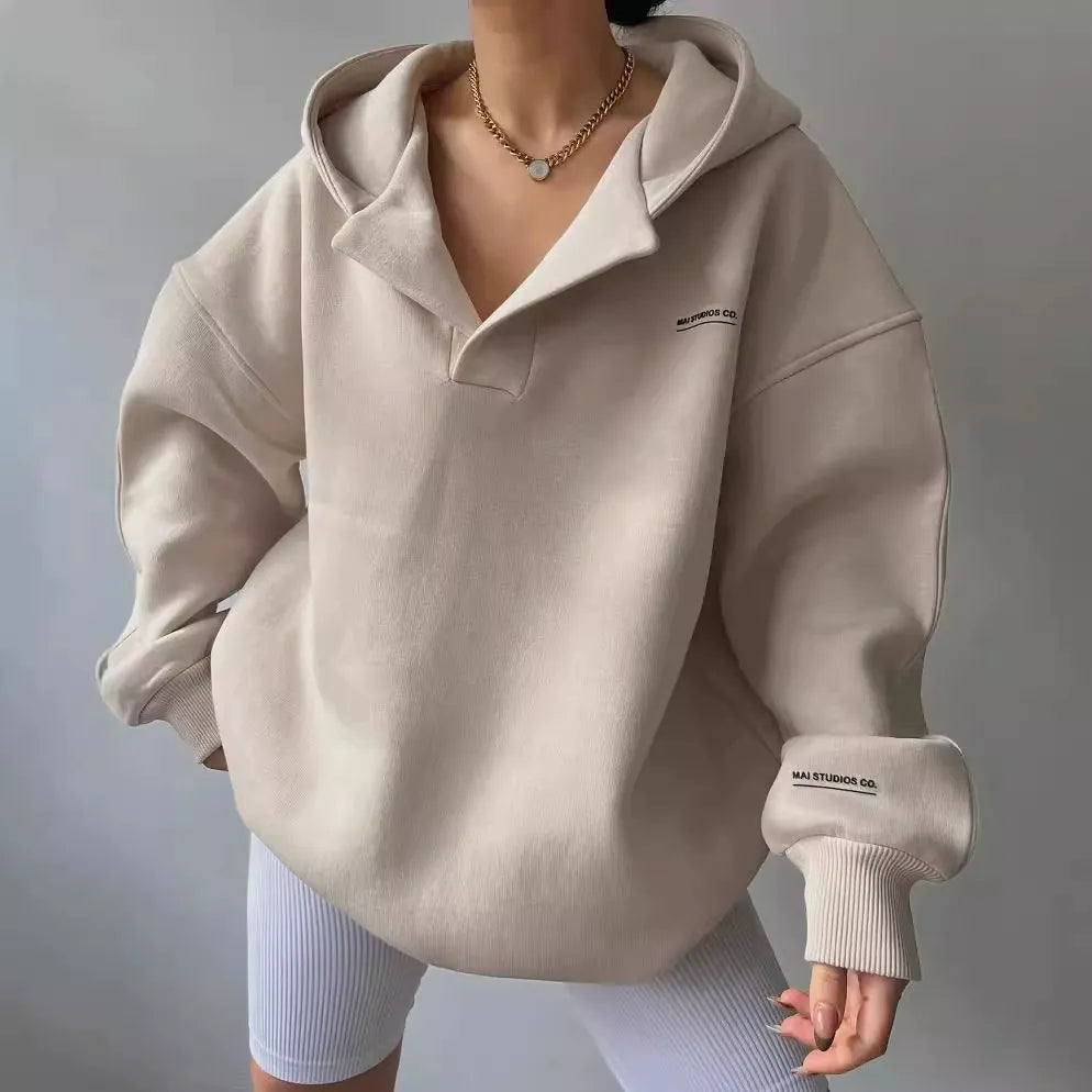 Damen Hoodie – Oversized Fit – Fleecegefüttert – V-Ausschnitt – Rippbündchen