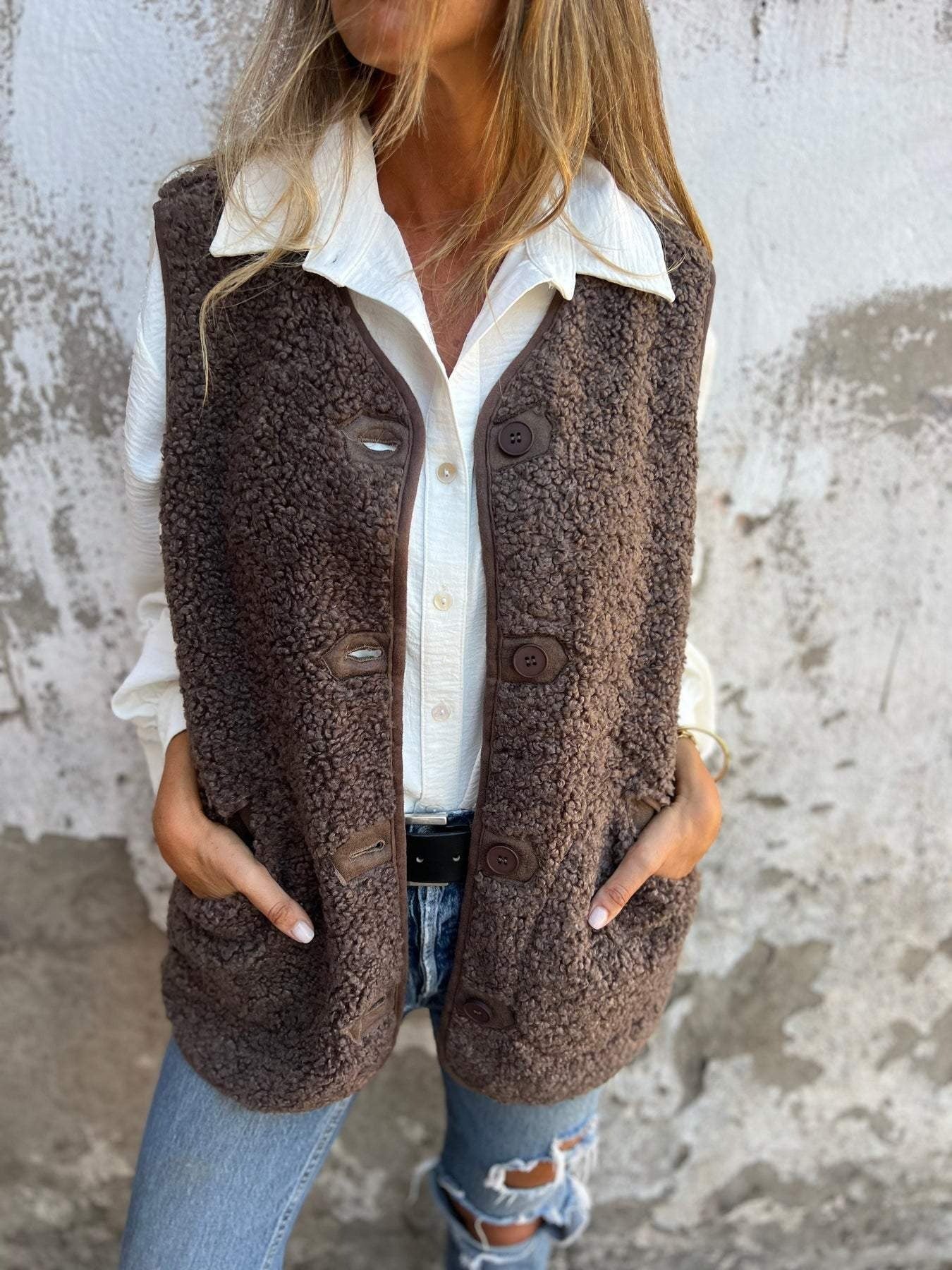 Damen Weste – Shearling-Fleece – Relaxed Fit – Knopfverschluss – Weich und Kuschelig