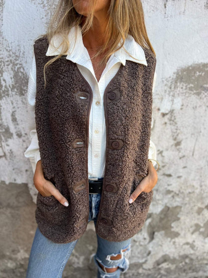 Damen Weste – Shearling-Fleece – Relaxed Fit – Knopfverschluss – Weich und Kuschelig