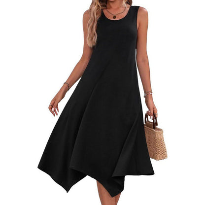 Damen Midikleid – Baumwollmischung – Ärmellos – A-Linie – Asymmetrischer Saum – Abstraktes Muster