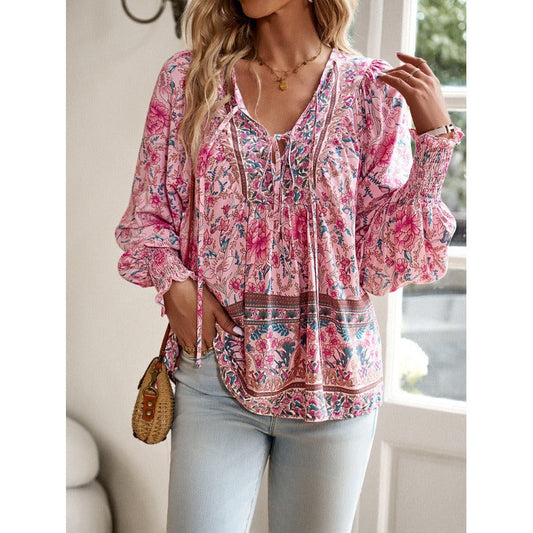 Damen Bluse – Flowy Fit – V-Ausschnitt mit Bindeband – Boho Print – Lange Ärmel