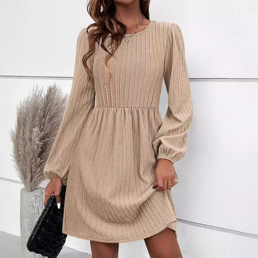 Damen Kleid – Fit and Flare – Strukturiertes Jacquard – Rundhals – Puffärmel Langarm