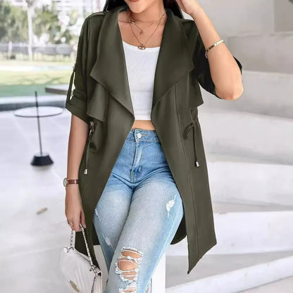 Damen Trenchcoat – Lockerer Schnitt – Kurze Ärmel – Taillenband – Knielang