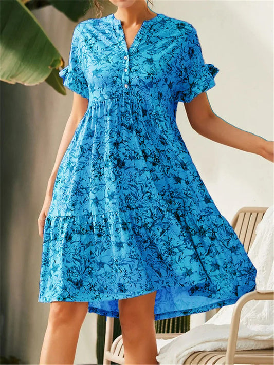 Damen A-Linienkleid – V-Ausschnitt – Blumenmuster – Rüschenärmel – Stufensaum