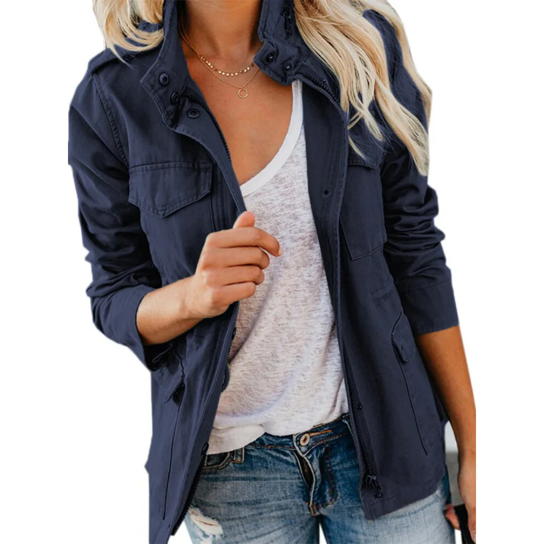 Damen Jacke – Strukturierter Schnitt – Cotton – Reißverschluss – Hüftlang – Klappentaschen