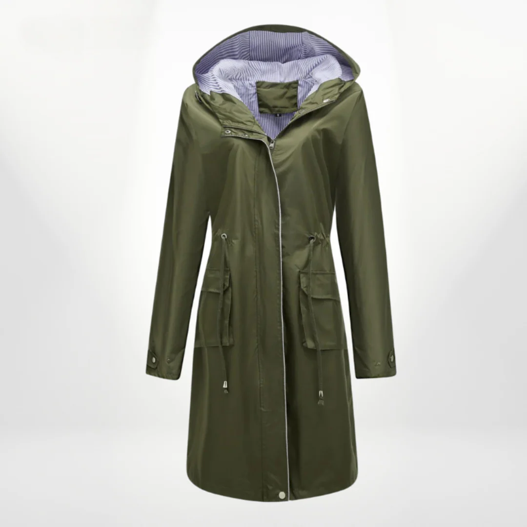Damen Trenchcoat – Slim Fit – Kapuze – Reißverschluss – Verstellbare Taille – Knielang