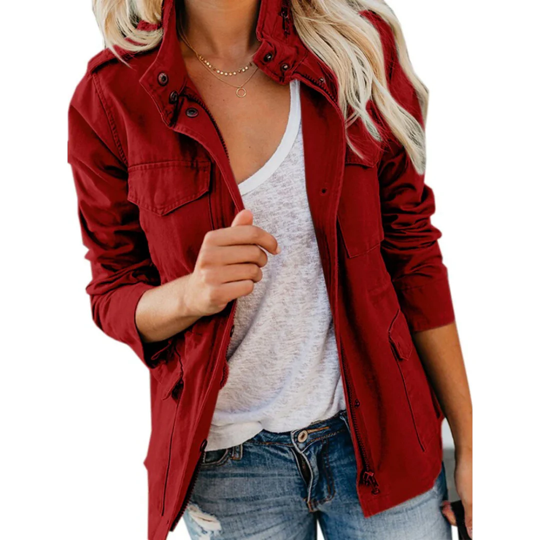 Damen Jacke – Strukturierter Schnitt – Cotton – Reißverschluss – Hüftlang – Klappentaschen