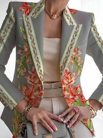 Damen Blazer – Florales Muster – Regular Fit – Schalkragen – Gürtelverschluss