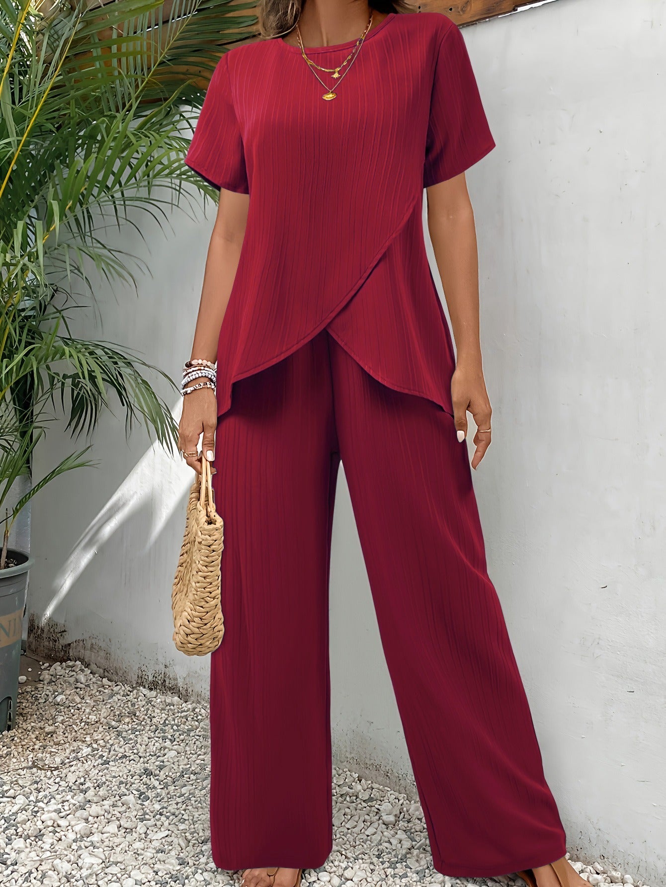 Damen Zweiteiler Set – Lockerer Schnitt – Weites Bein – Stretch – Kurzarm – Rippstruktur