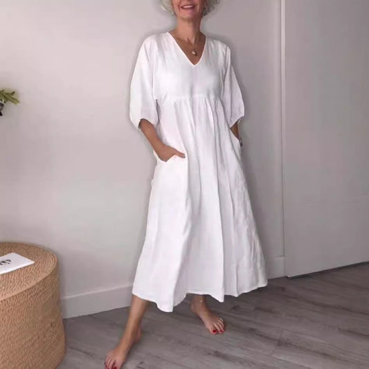 Damen Midikleid – Lockerer Schnitt – Baumwolle Leinen – V-Ausschnitt – Taschen – 3/4 Ärmel