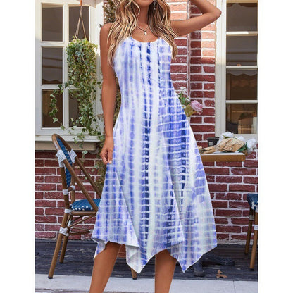 Damen Midikleid – Baumwollmischung – Ärmellos – A-Linie – Asymmetrischer Saum – Abstraktes Muster
