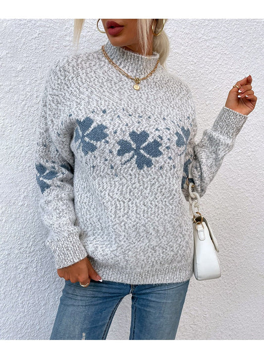 Damen Pullover – Wollstrick – Lockerer Schnitt – Stehkragen – Langarm mit Muster