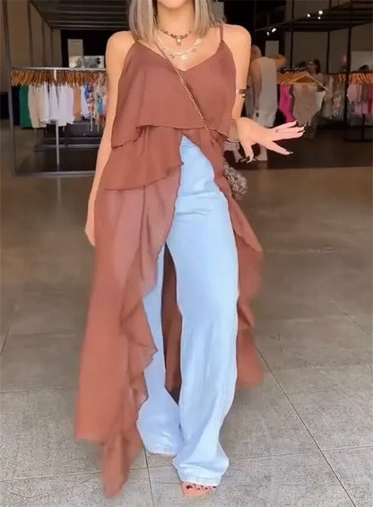 Damen Maxikleid – Fließender Schnitt – V-Ausschnitt – Rüschen – Asymmetrischer Saum