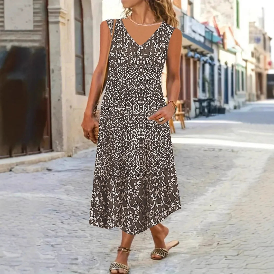 Damen Maxikleid – Lockerer Schnitt – V-Ausschnitt – Ärmellos – Blumenmuster – Leichtes Material