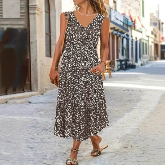 Damen Maxikleid – Lockerer Schnitt – V-Ausschnitt – Ärmellos – Blumenmuster – Leichtes Material