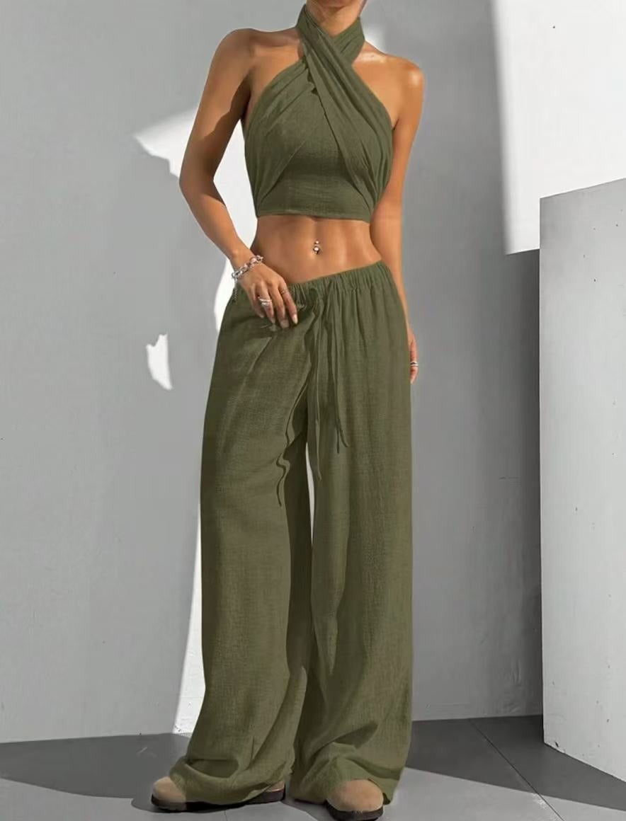 Damen Zweiteiler Set – Halterneck Wickel-Crop Top – Weite Hose – Atmungsaktive Baumwolle