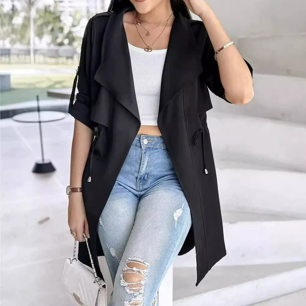 Damen Trenchcoat – Lockerer Schnitt – Kurze Ärmel – Taillenband – Knielang