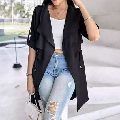 Damen Trenchcoat – Lockerer Schnitt – Kurze Ärmel – Taillenband – Knielang