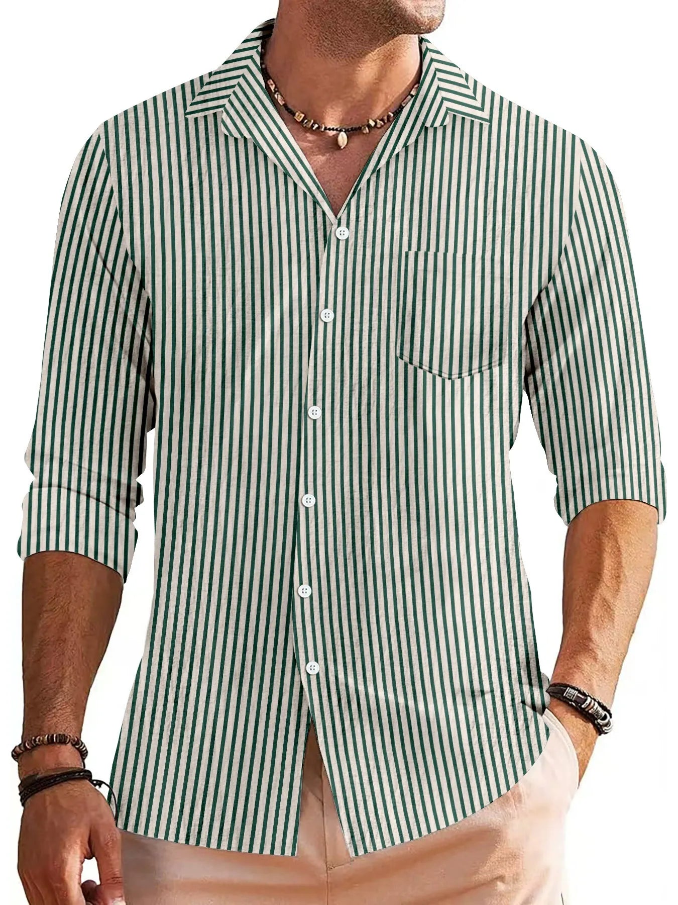 Herren Freizeithemd – Regular Fit – Baumwollmix – Gestreift mit Brusttasche