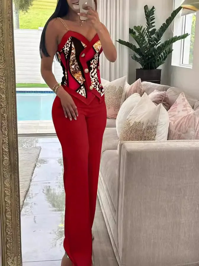 Damen Anzug mit Hosenträger – Taillierter Schnitt – Animal-Print – Langhose