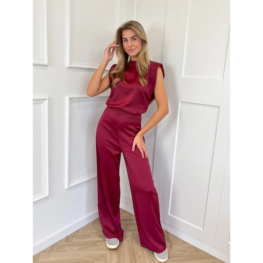 Damen Jumpsuit – Satinoptik – Ärmellos – Stehkragen – Rückenfrei – Weites Bein