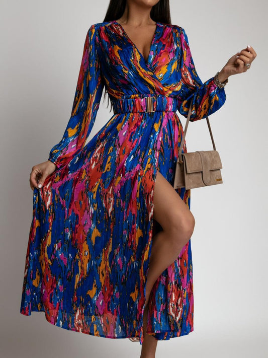 Damen Maxikleid – Lockere Passform – V-Ausschnitt – Taillengürtel – Schlitzrock – Langarm – Gemustert