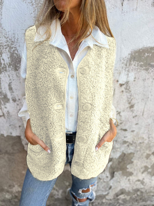 Damen Weste – Shearling-Fleece – Relaxed Fit – Knopfverschluss – Weich und Kuschelig