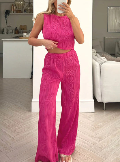 Damen Zweiteiler Set – Geripptes Crop Top ärmellos – Weite High-Waist Hose