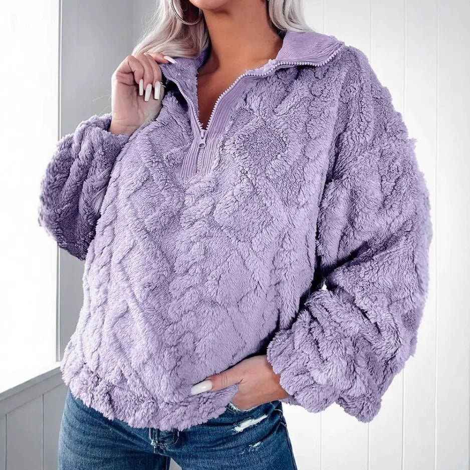 Damen Pullover Sweater – Kunstfell – Lockere Passform – Gesteppt – Halber Reißverschluss