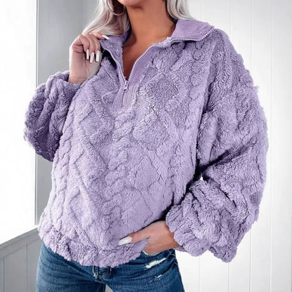 Damen Pullover Sweater – Kunstfell – Lockere Passform – Gesteppt – Halber Reißverschluss