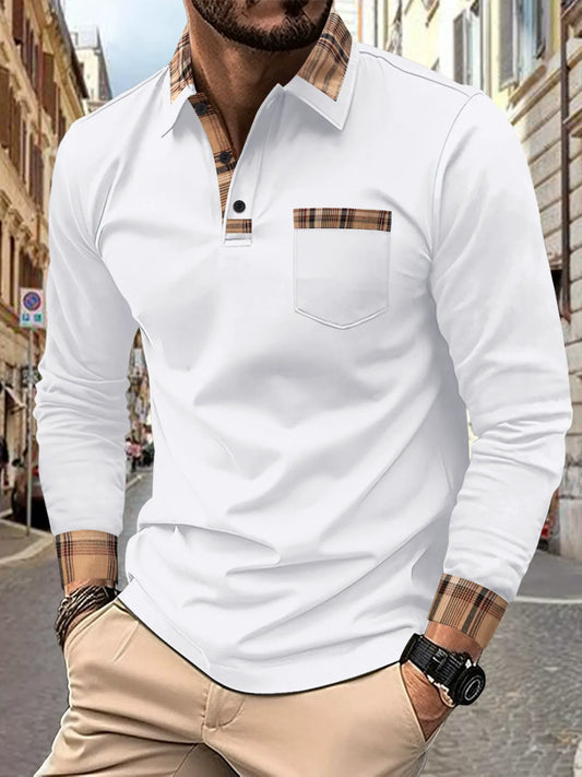 Herren Langarm Polo Shirt – Regular Fit – Baumwollmischung – Karobesatz mit Brusttasche