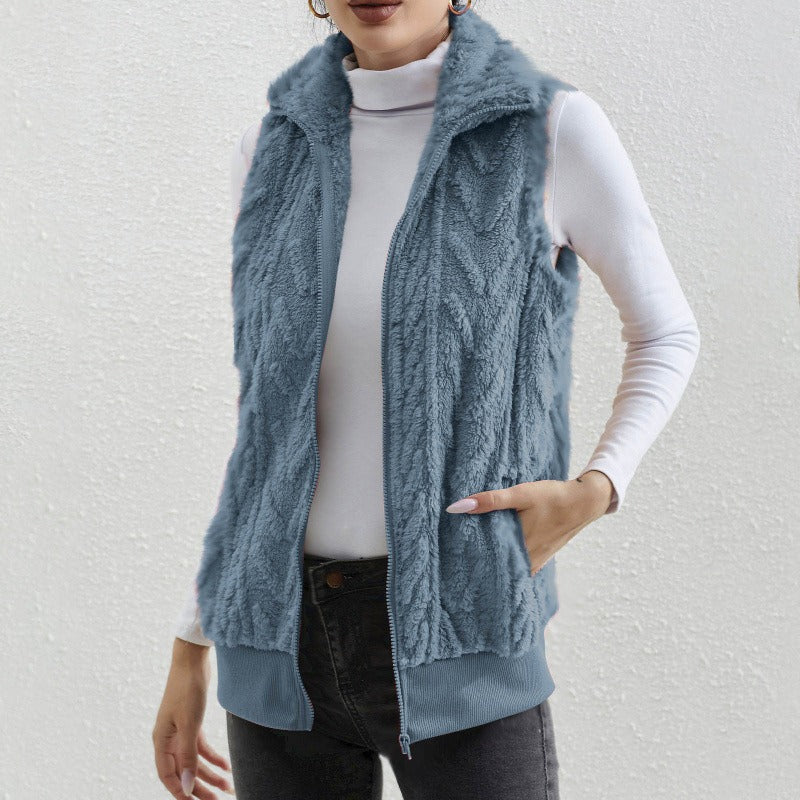 Damen Weste ärmellos – Jacquard Fleece – Reißverschluss – Hoher Kragen – Lockerer Schnitt