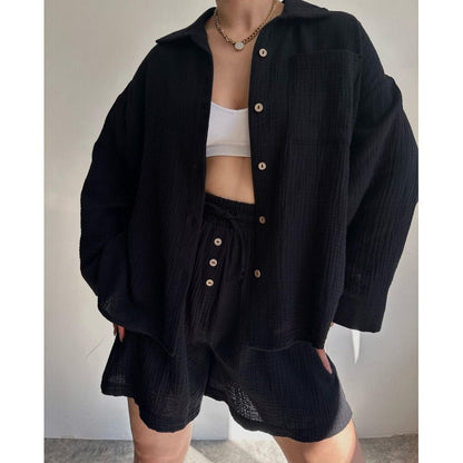 Damen Zweiteiler Set – Langarm Bluse mit Knöpfen – High Waist Shorts mit Kordelzug – Baumwolle
