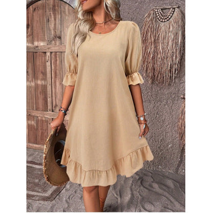 Damen A-Linienkleid – Baumwoll-Leinen – Rüschenbesatz – Mid Sleeve – Lockerer Schnitt