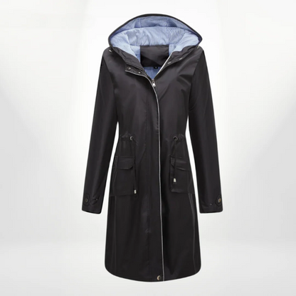Damen Trenchcoat – Slim Fit – Kapuze – Reißverschluss – Verstellbare Taille – Knielang
