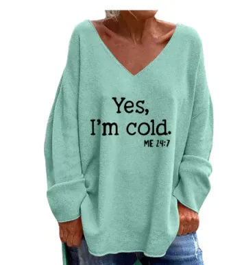 Damen Pullover – Oversize Fit – Weiches Strickmaterial – V-Ausschnitt – Printdesign